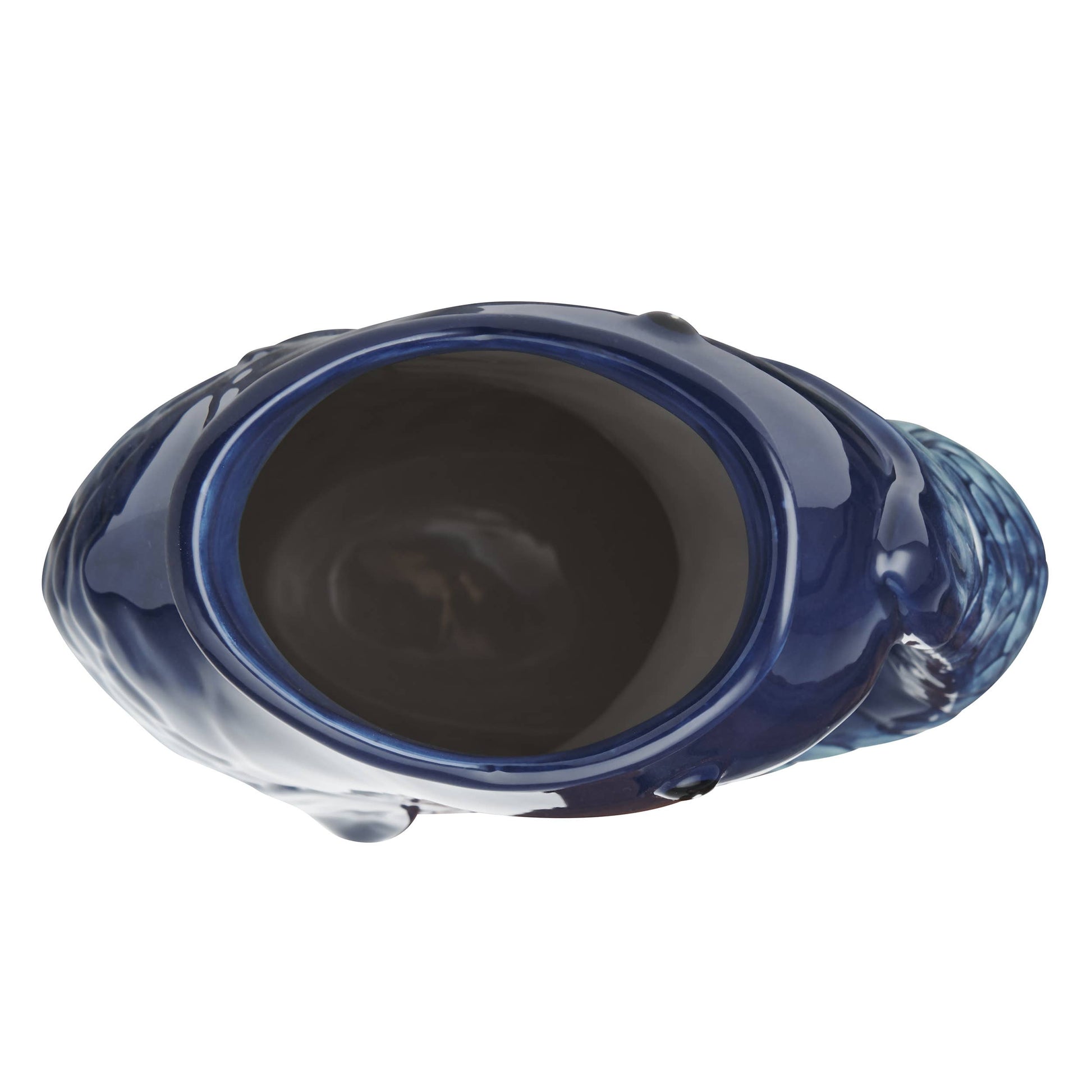 A top view of a Fitz and Floyd brand glossy dark blue ceramic pitcher with a textured, organic shape and a wide opening, shown from a top-down view on a white background.