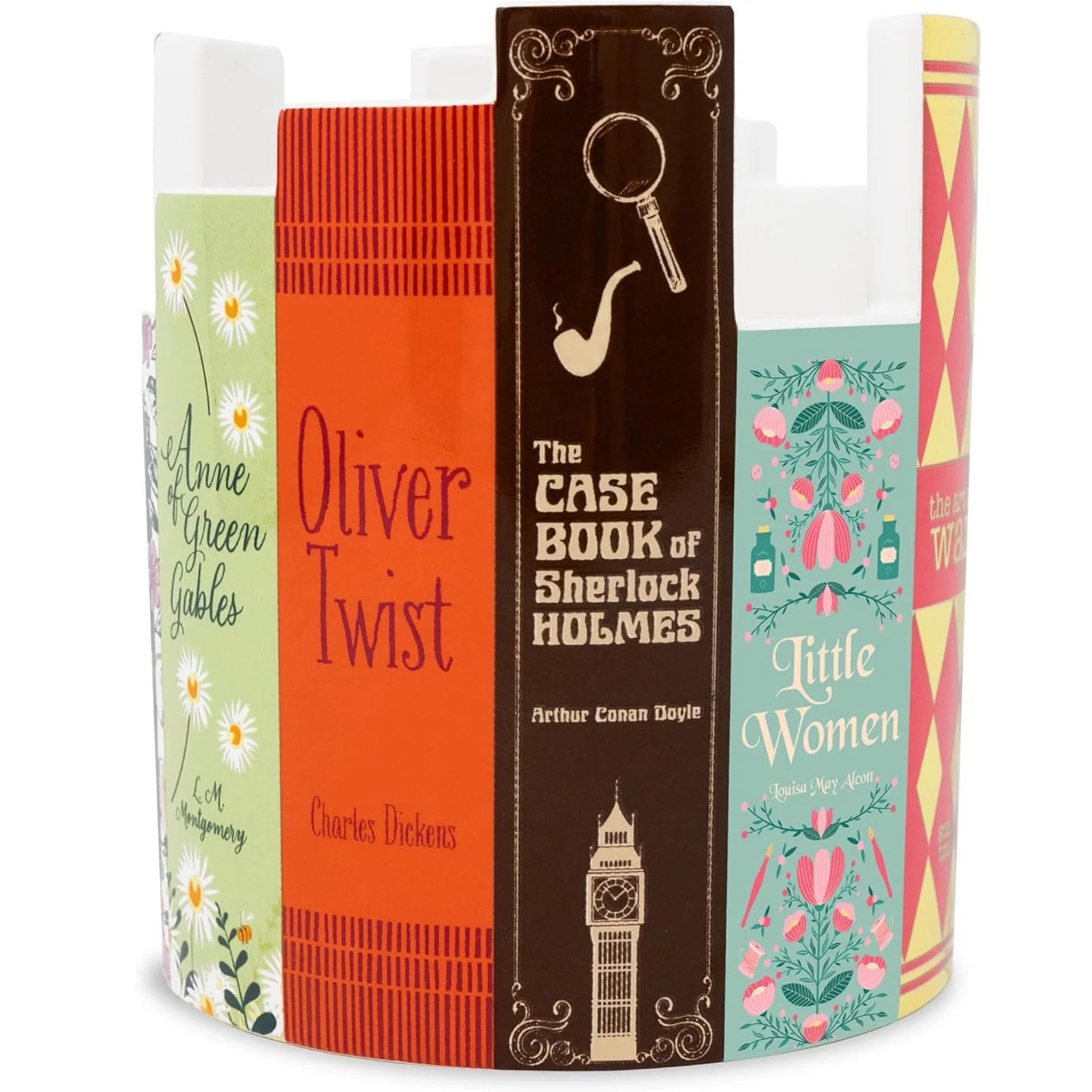 Book-shaped vase with classic literature designs on a white background