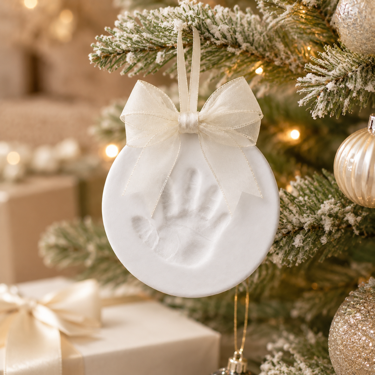 A round white ceramic Christmas ornament featuring a baby handprint, hanging from a white ribbon bow on a flocked Christmas tree branch.