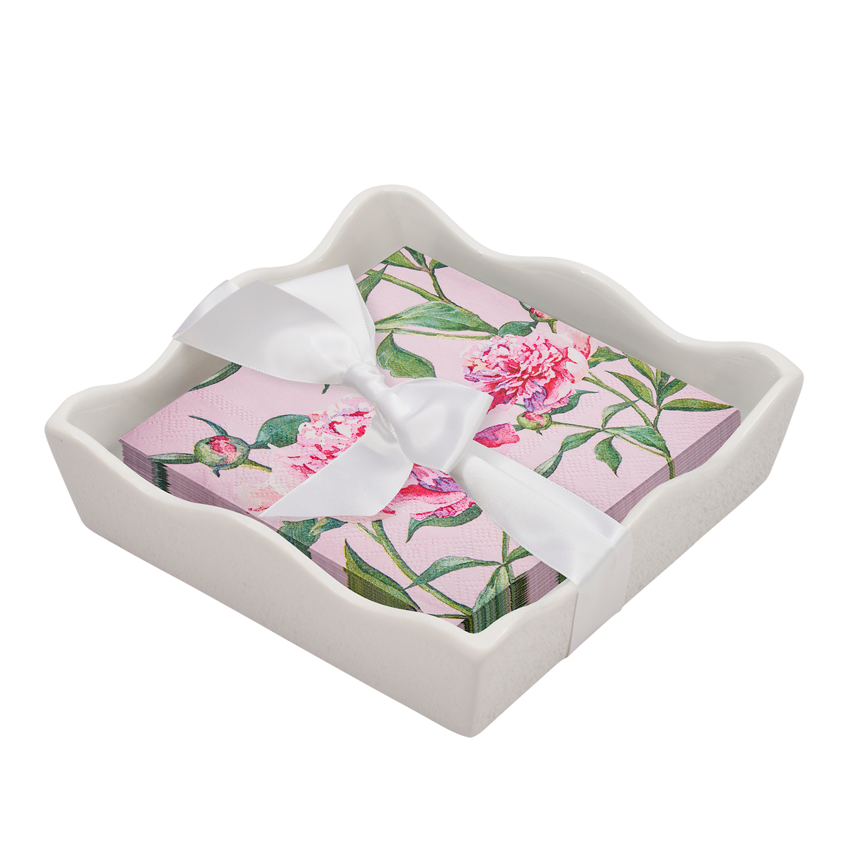 Pink Peony cocktail napkins with a white ribbon inside a decorative white container on a white background