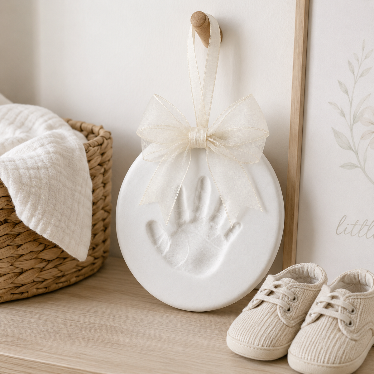 A round white baby keepsake ornament with an embossed handprint, decorated with a cream ribbon bow and hanging from a wooden hook, styled on a light wood shelf next to a woven basket, a white quilted blanket, and cream knit baby shoes.