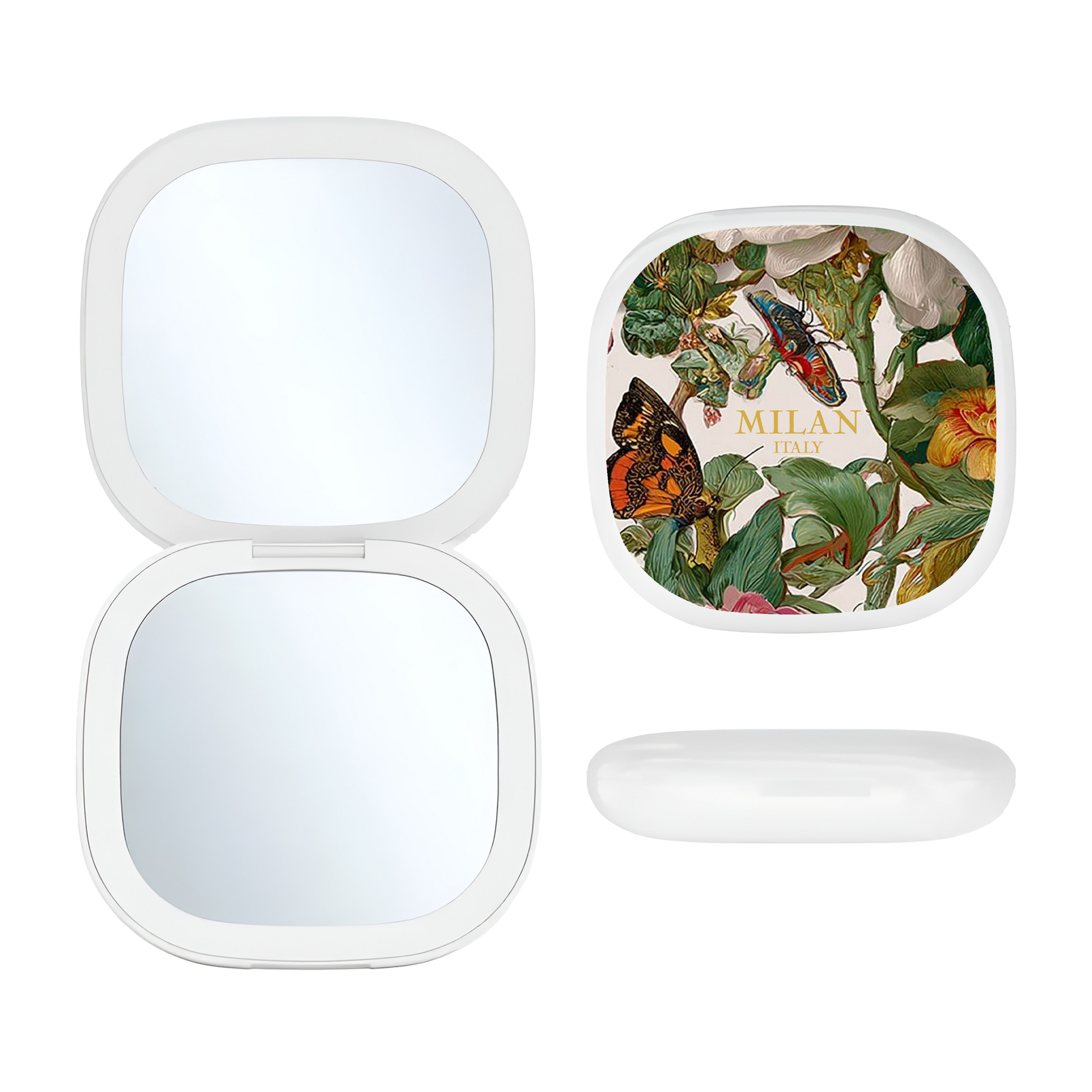 Toss designs Brand Milan compact mirror case shown open with two mirrors, alongside the closed lid featuring a vintage botanical and butterfly illustration, and the translucent white cap resting below on a clean white background.