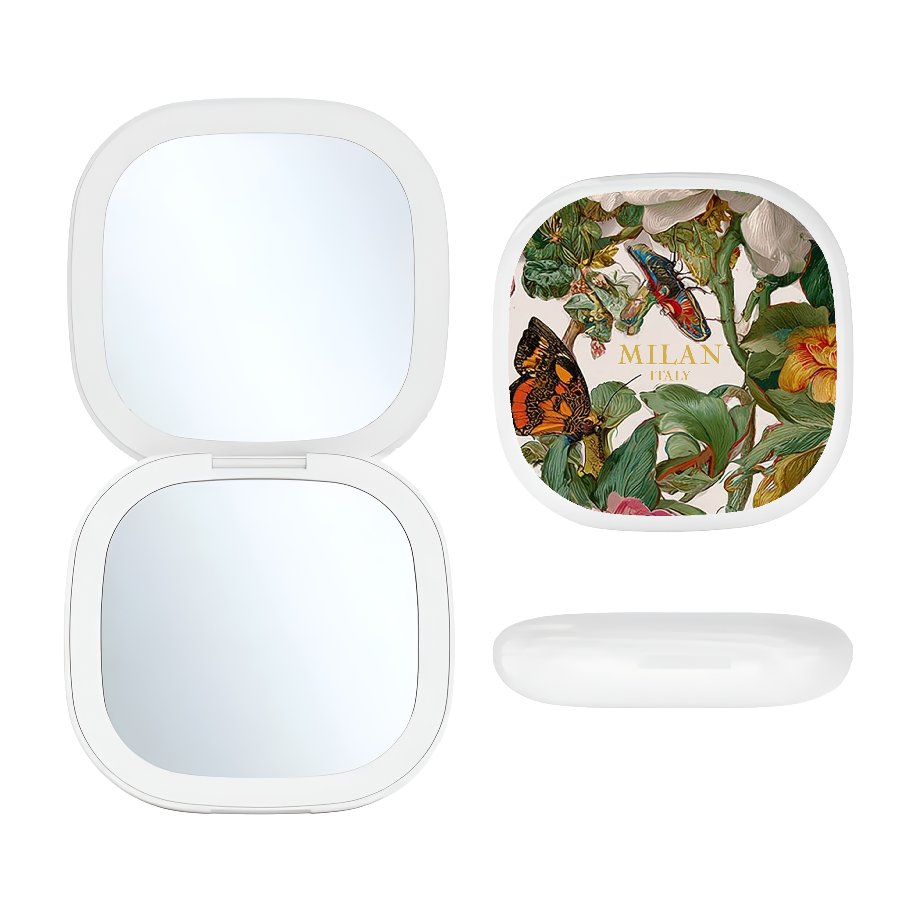 Toss designs Brand Milan compact mirror case shown open with two mirrors, alongside the closed lid featuring a vintage botanical and butterfly illustration, and the translucent white cap resting below on a clean white background.