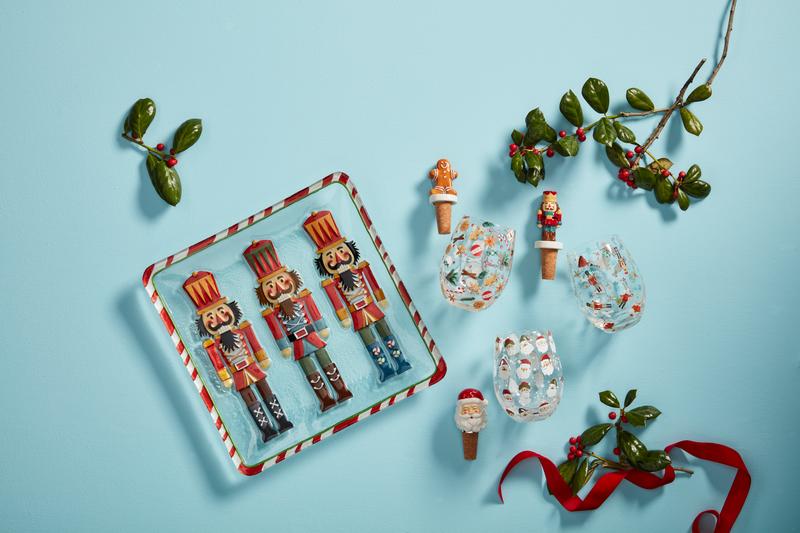 Seasonal - square Tray  - Glass - 3 painted Nutcracker design - blue background with other holiday themed decor. 