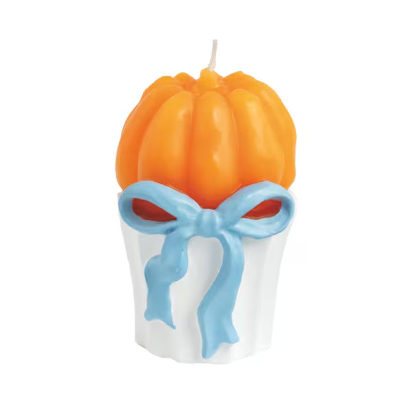 Orange Pumpkin Wax Candle with Blue Bow - Fall Decor