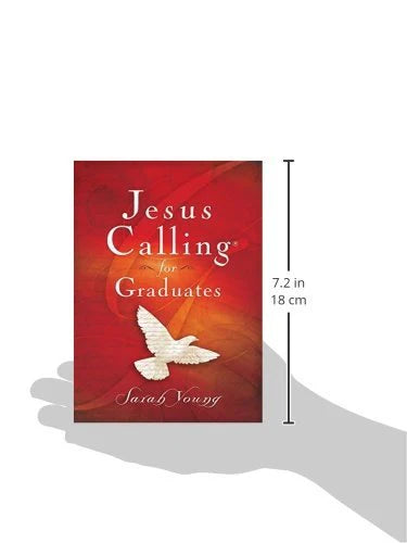 Book titled 'Jesus Calling for Graduates' by Sarah Young with a red cover and white dove illustration, held by a hand.