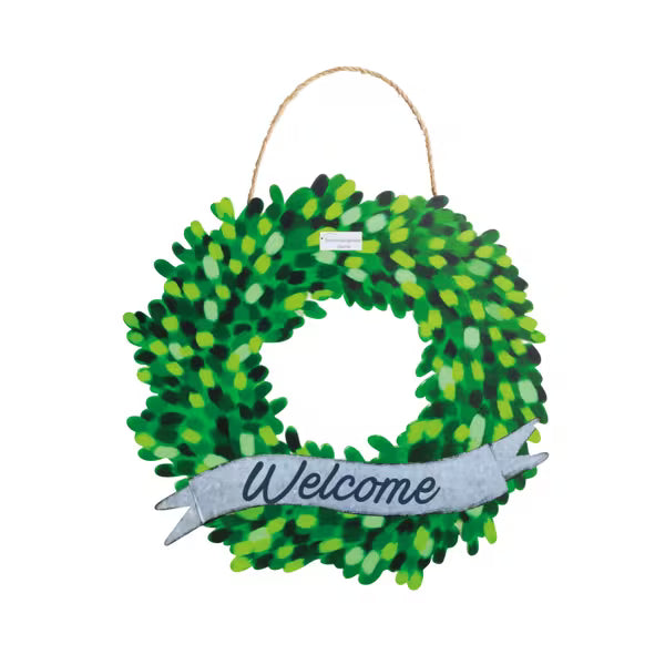 20-Inch Tin Boxwood Welcome Wreath - Layered Banner