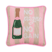 Decorative pillow with champagne bottle design and 'No Dance No Gain' text on a pink background