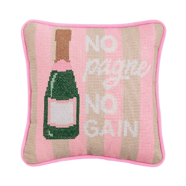 Decorative pillow with champagne bottle design and 'No Dance No Gain' text on a pink background