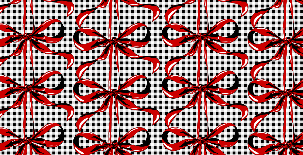 Pattern of red bows on a black and white checkered background