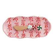 Seasonal - Serving Dish - Bow - Christmas Everything tray.  Pink with red bows and a spreader with peppermint candy shaped handle. 