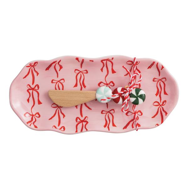 Seasonal - Serving Dish - Bow - Christmas Everything tray.  Pink with red bows and a spreader with peppermint candy shaped handle. 