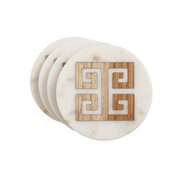 White Marble Coasters with Wood Greek Key Inlay - Set of 4