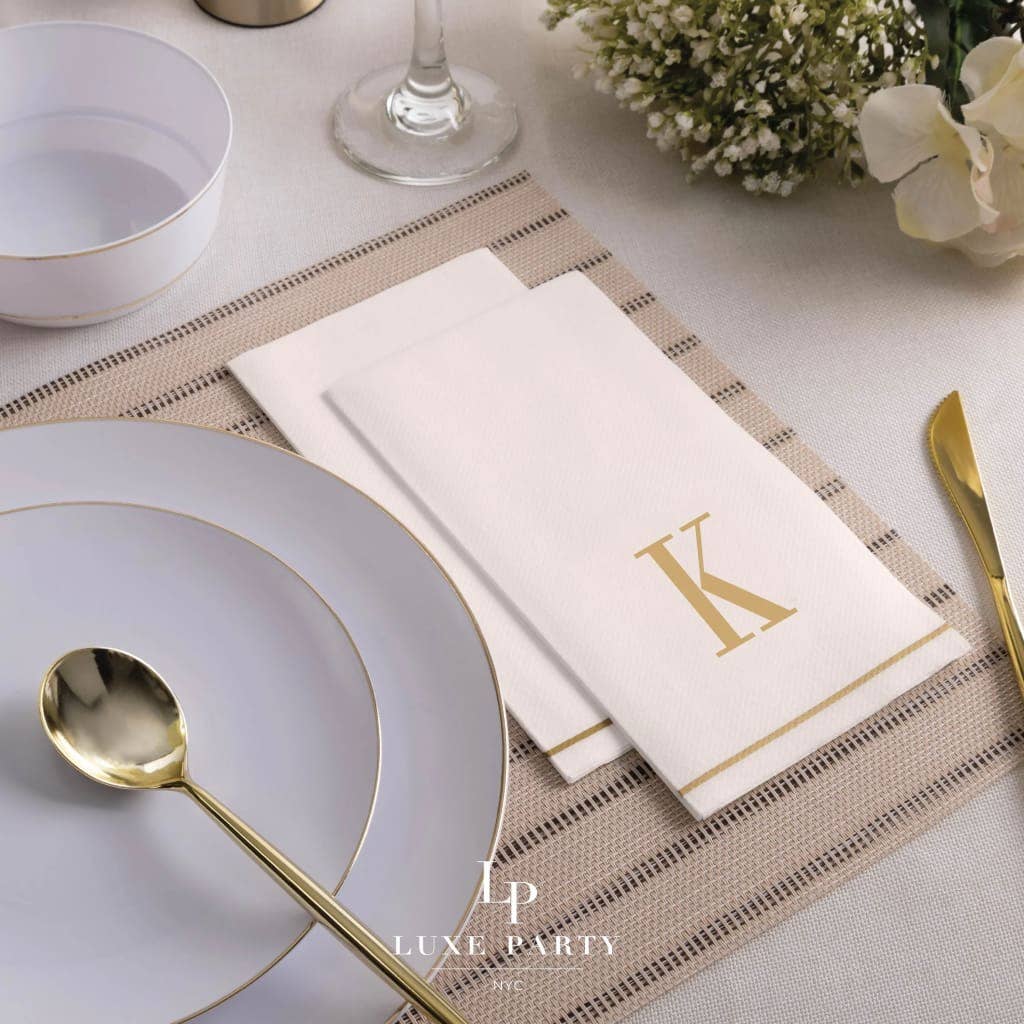 K Gold Monogram Paper Disposable Dinner Napkins | 14 Napkins
