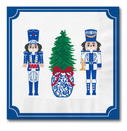 Seasonal - Napkins - Cocktail - Merry Marchers - nutcrackers and a tree in a chinoiserie pot design.  White background 