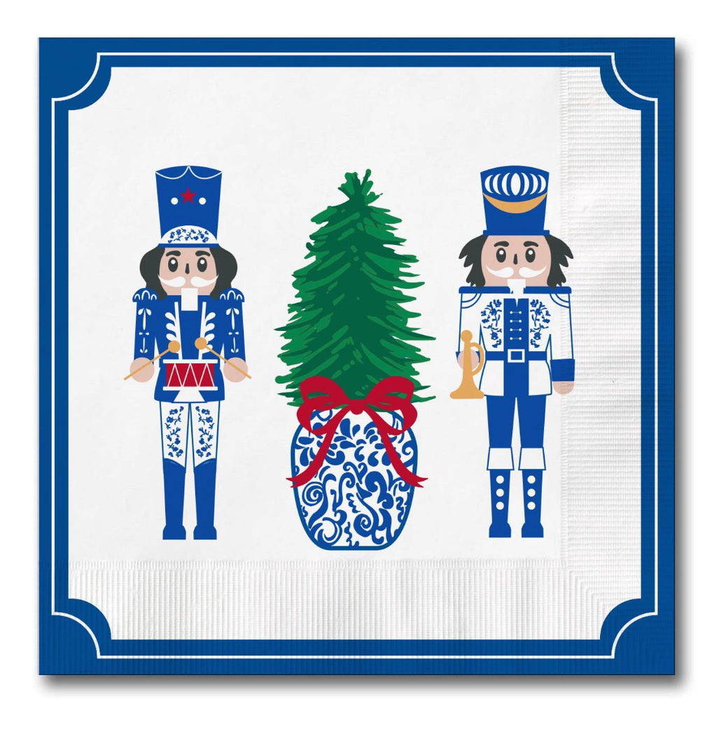 Seasonal - Napkins - Cocktail - Merry Marchers - nutcrackers and a tree in a chinoiserie pot design.  White background 
