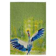 A vertical art print on a tea towel depicting a crowned crane with wings spread, set against a green and yellow natural background. The bird is rendered in blue, white, black, and red tones, with a yellow crown.