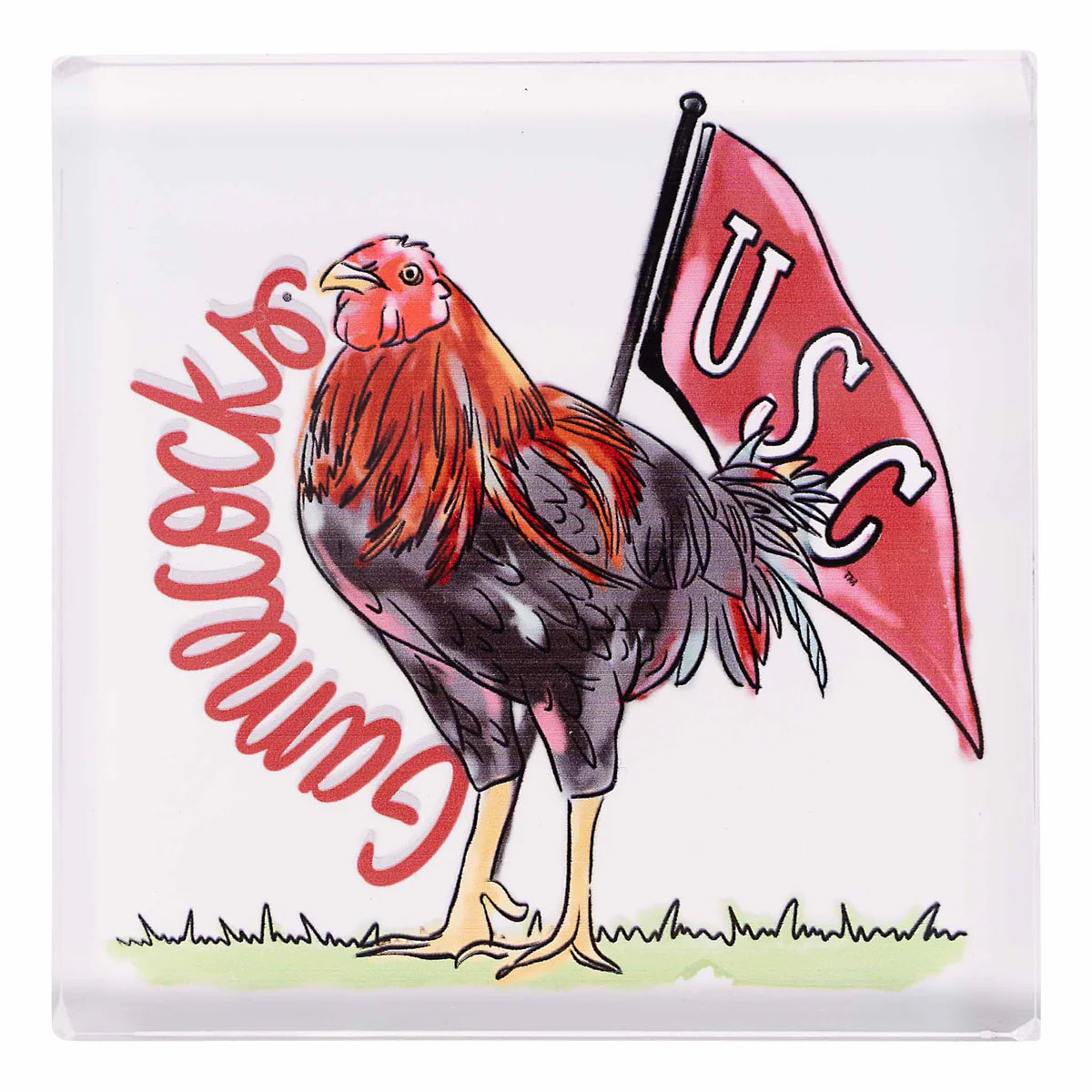 Acrylic napkin weight Illustration of a rooster  and a USC flag on a white background