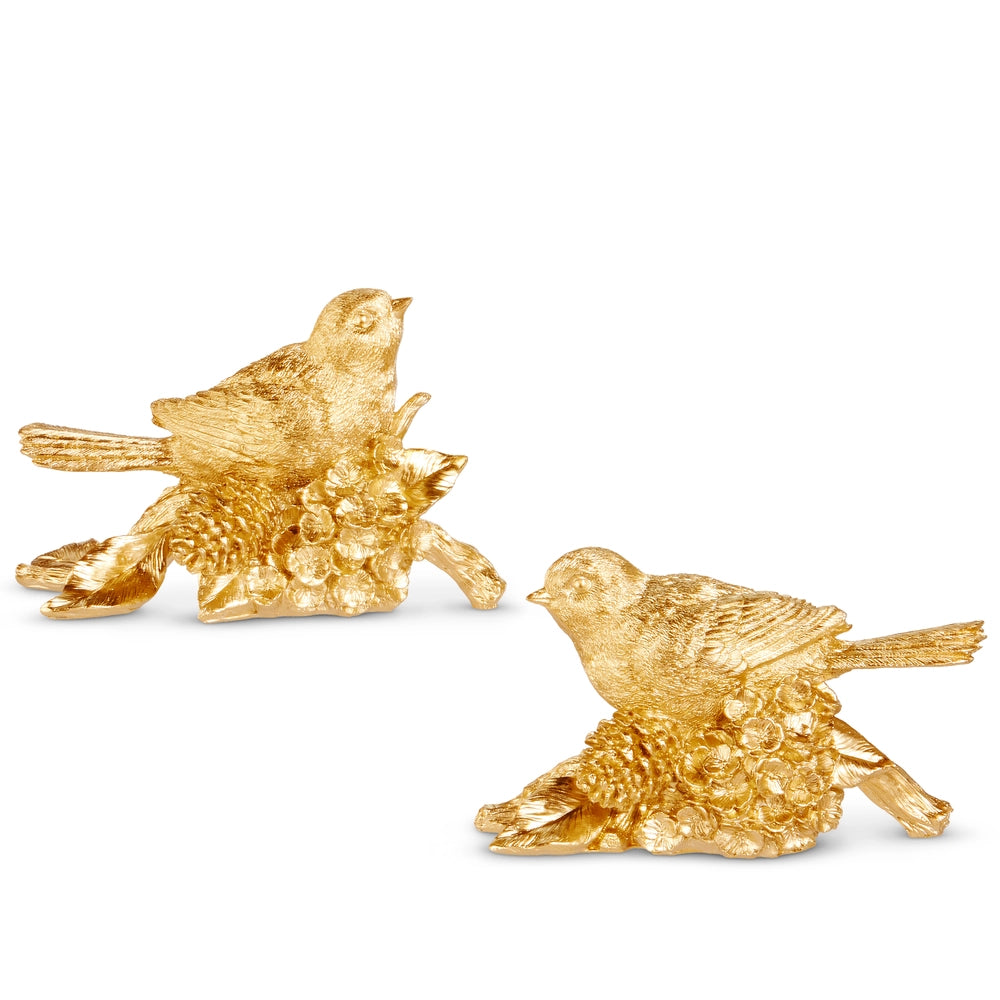 Antique Gold Resin Bird Figurines, Set of 2 - 7-Inch Pinecone Decor