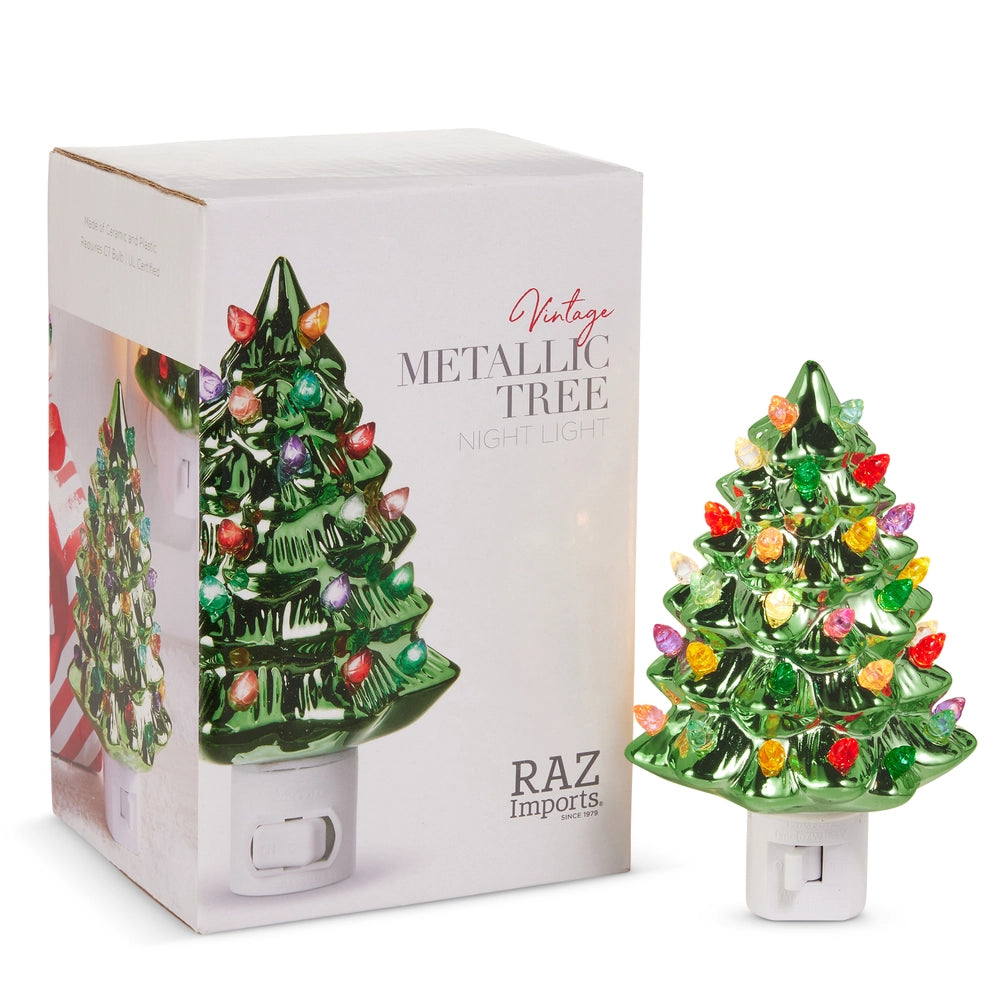 Green Metallic Tree Night Light - 6-Inch Vintage Christmas Decor