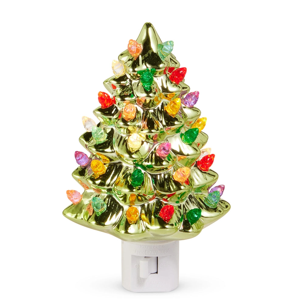 Green Metallic Tree Night Light - 6-Inch Vintage Christmas Decor