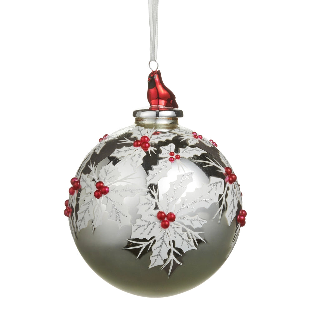 Gray & Silver Cardinal Poinsettia Ball Ornament - Glass Christmas Decor