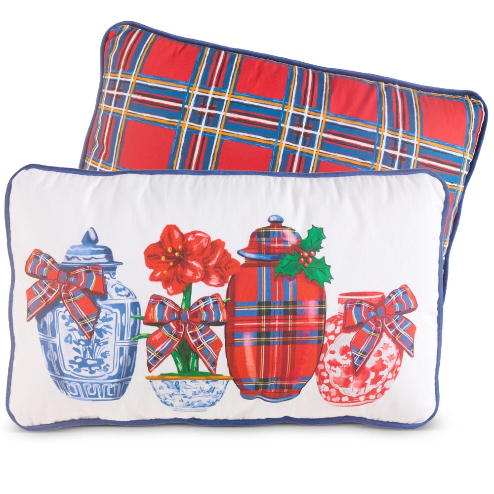 rectangle chinoiserie pillow with another plaid pillow behind it.  Raz Imports 