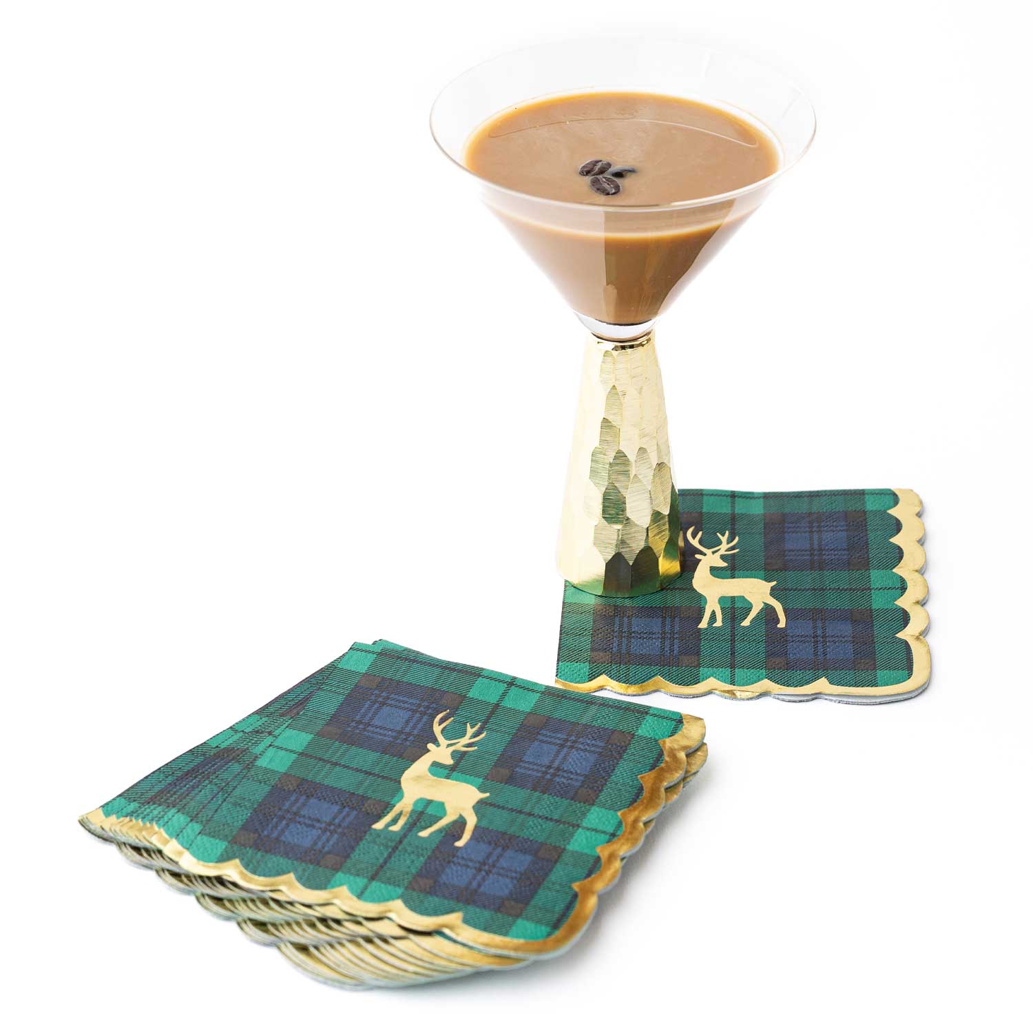 8  Oak Lane brand Green and blue tartan plaid cocktail napkins with gold scalloped edges and a gold deer design with a tall stemmed coffeeon a white backgrounddrink