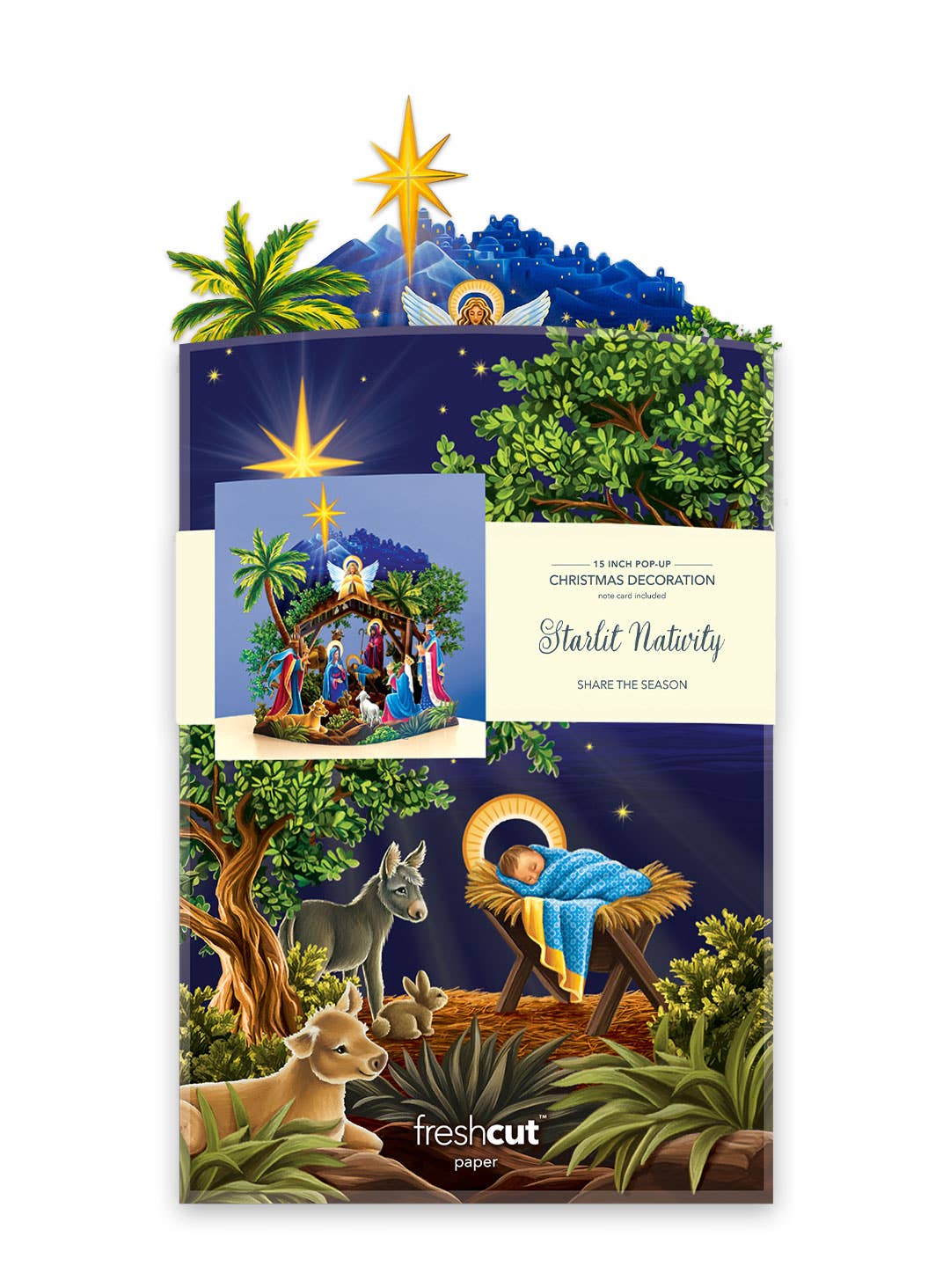 Starlit Nativity Christmas pop-up card in envelope with nativity scene and palm trees on a blue background.