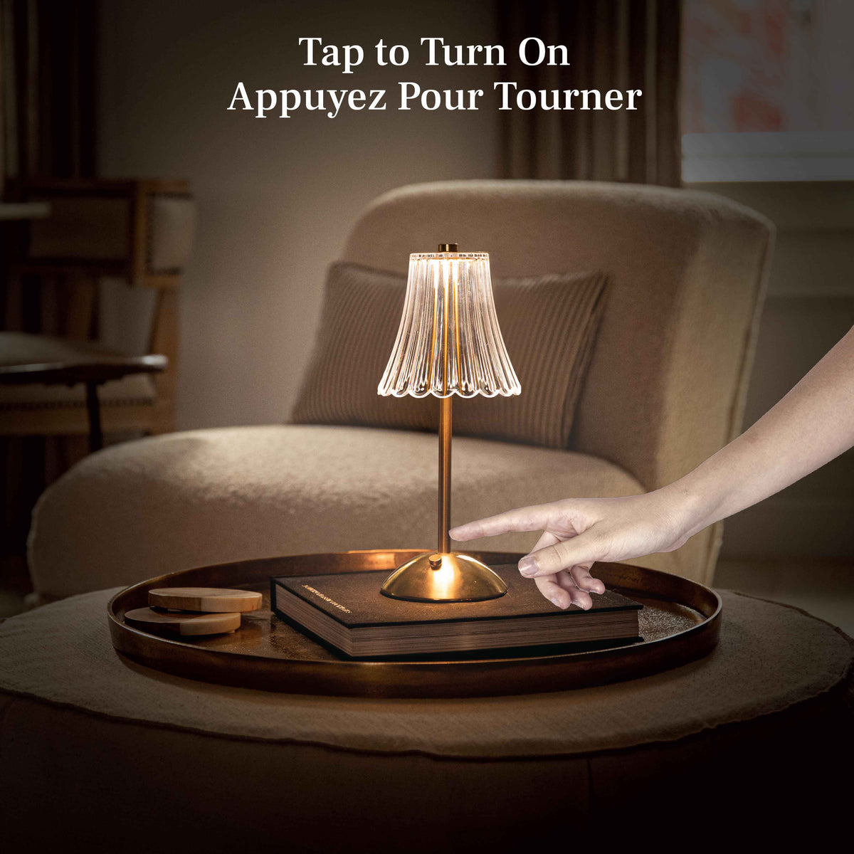 Brushed Gold Faux Crystal Cordless Table Lamp - Small Rechargeable Touch LED Accent Light for Bedroom, Desk & Nightstand
