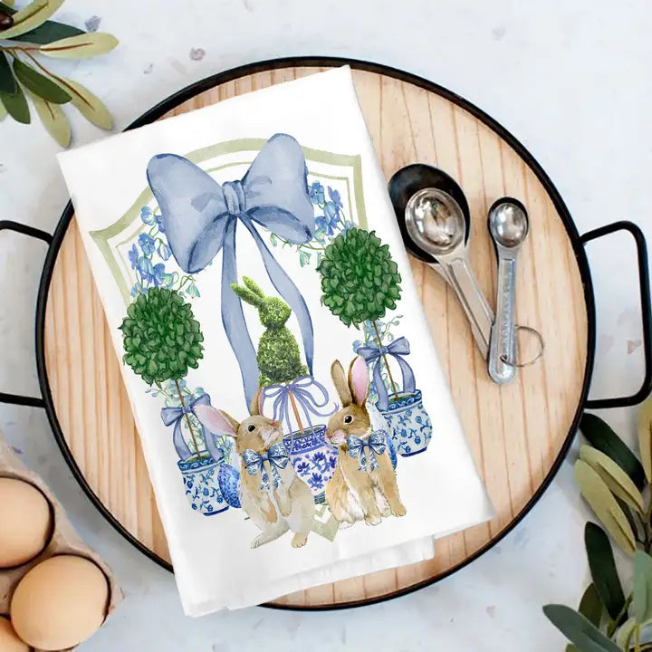 Seasonal - Tea Towel - Easter Bunny Topiary with Bow
