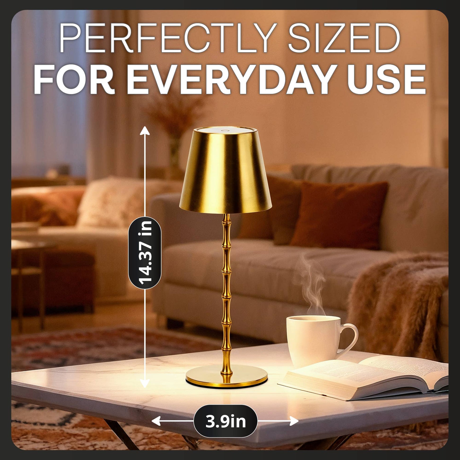 Gold table lamp on a coffee table with measurements and text 'Perfectly sized for everyday use' in a living room setting.