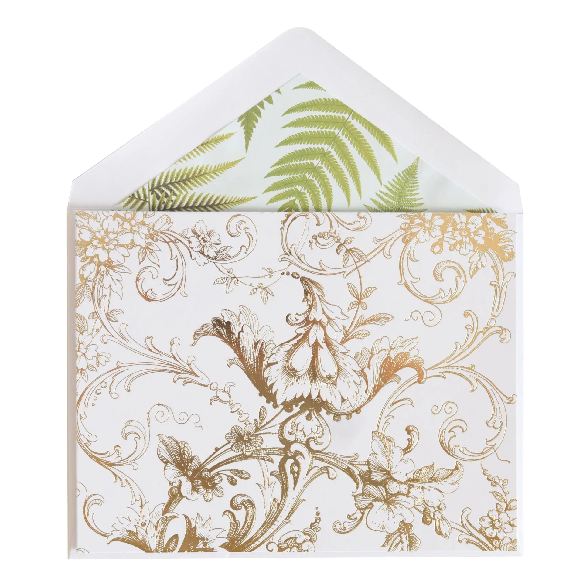 Decorative  Anna Griffin note cards with gold floral pattern on a white background
