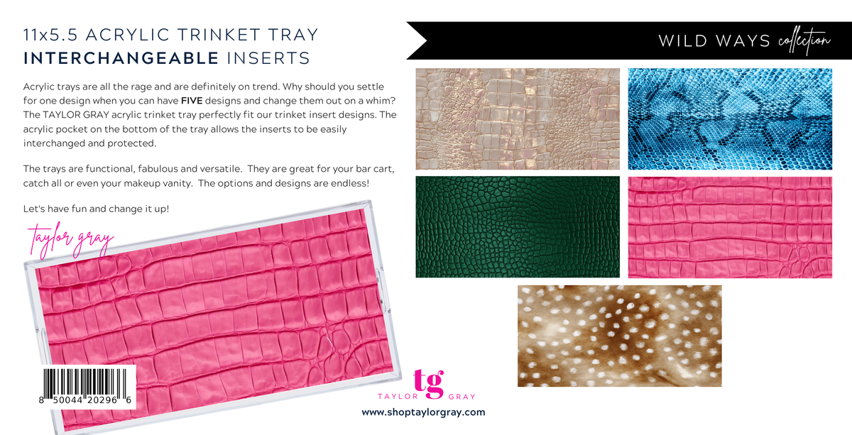 Acrylic trinket tray with interchangeable inserts and product packaging.