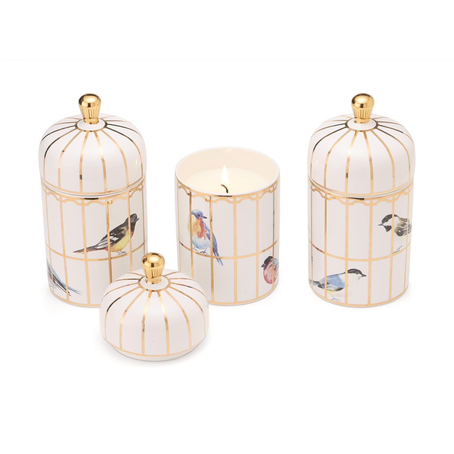 Set of decorative jars with bird illustrations on a white background