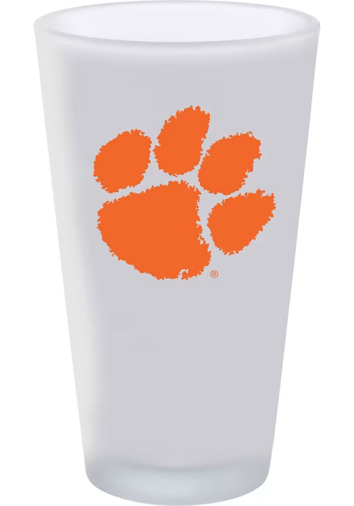 Frosted glass with orange paw print logo on a white background