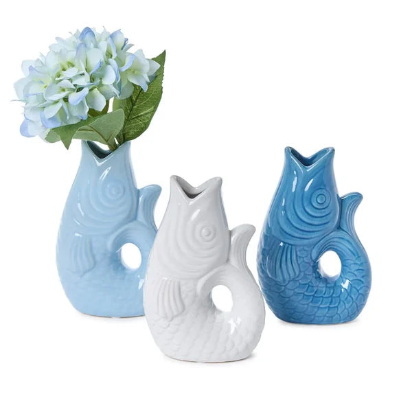 Light Blue Ceramic Fish Jug Vase - Small Coastal Decor