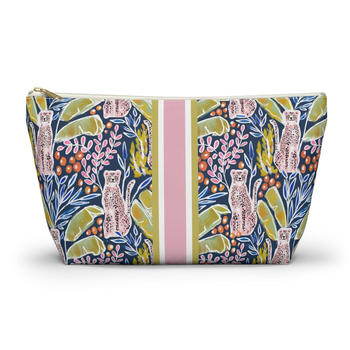 A rectangular zippered pouch with a colorful tropical print featuring leopards, palm leaves, and orange berries, separated by a central pink stripe, on a white background.