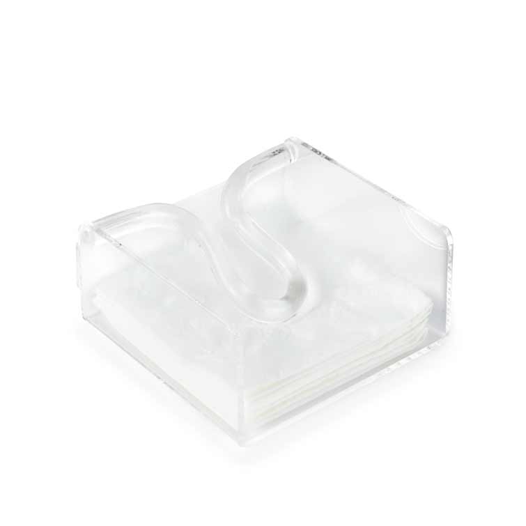 Huang Acrylic brand Clear acrylic square cocktail napkin holder with bow rod filled with white napkins on a white background