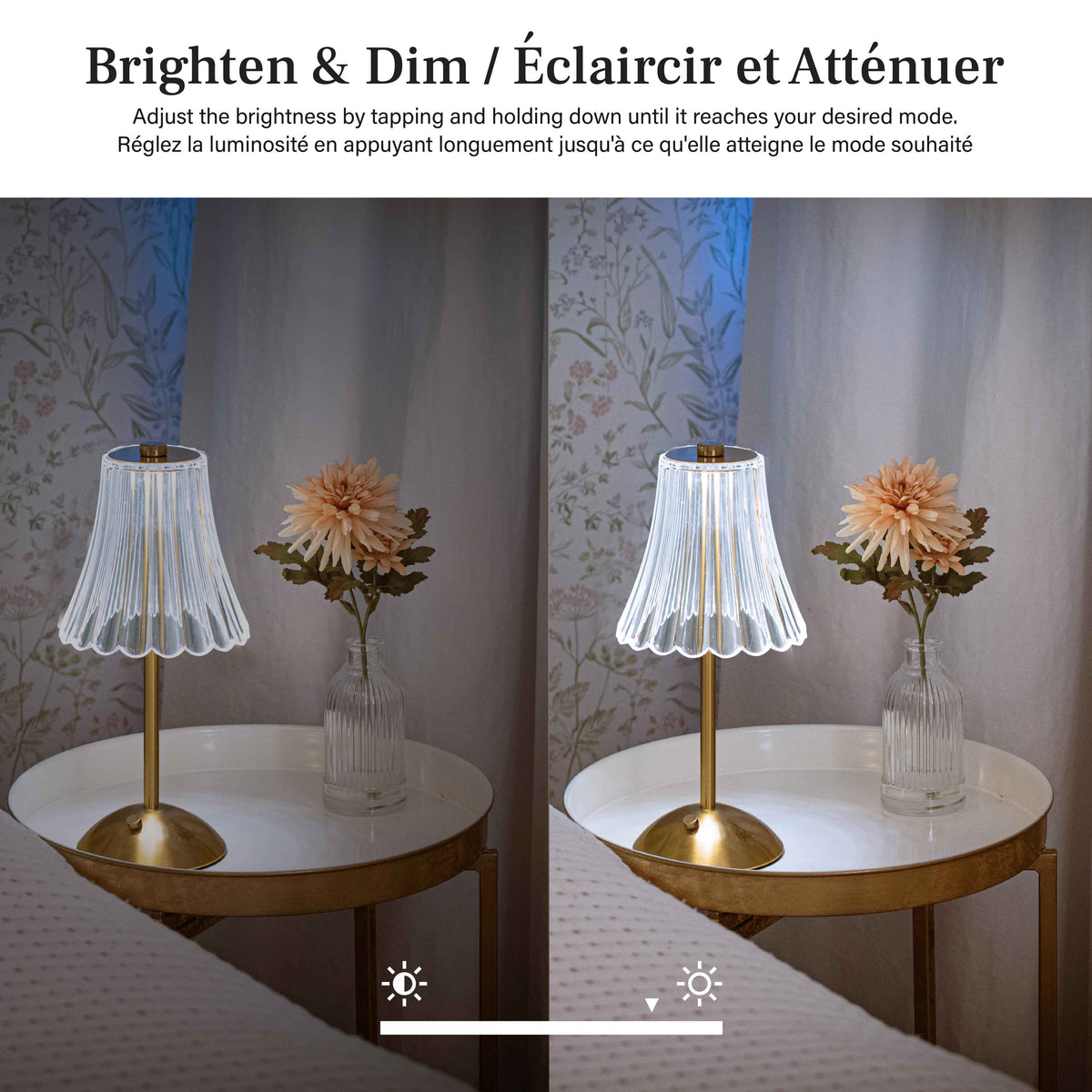 Brushed Gold Faux Crystal Cordless Table Lamp - Small Rechargeable Touch LED Accent Light for Bedroom, Desk & Nightstand