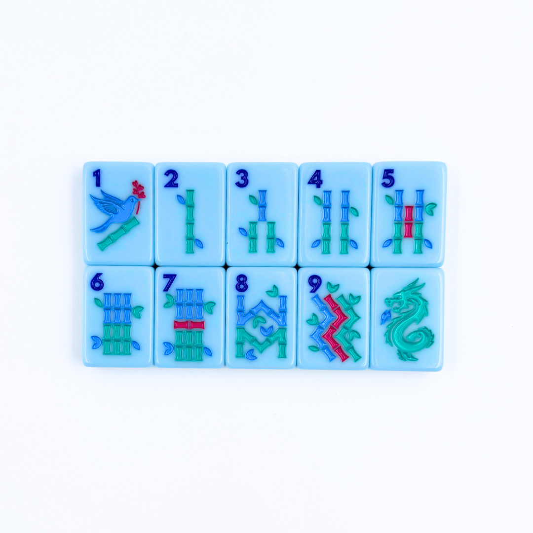 Set of blue Bams Mahjong Tiles with Chinese characters and numbers on a white background