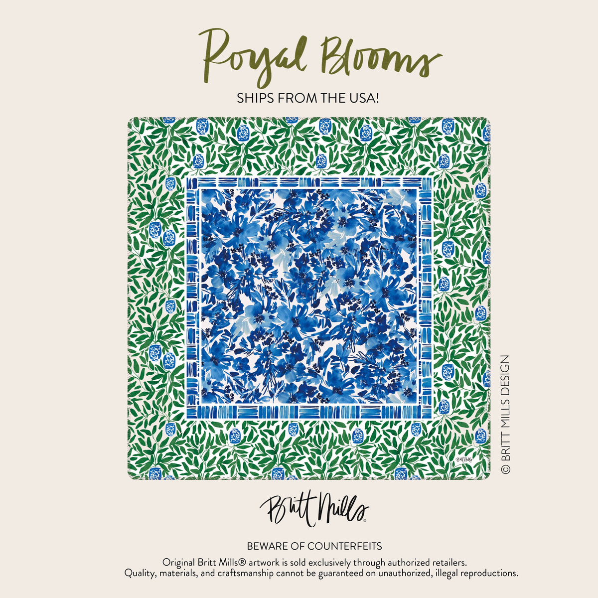 Royal Blooms' Mahjong Mat with a blue-and-white floral center and a green leafy border, shown on a light beige background with branding text for Britt Mills.