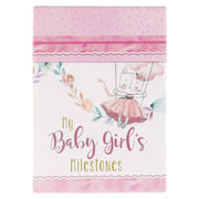 box of milsteone cards by Christian Art gifts with a cat in a dress on a swing, flowers, and 'My Baby Girl's Milestones' text.