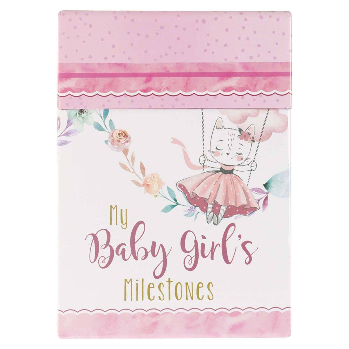 box of milsteone cards by Christian Art gifts with a cat in a dress on a swing, flowers, and 'My Baby Girl's Milestones' text.