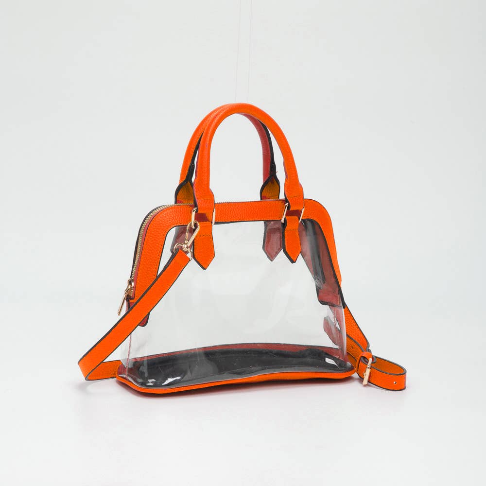 Clear  handbag with orange trim and handle on a white background