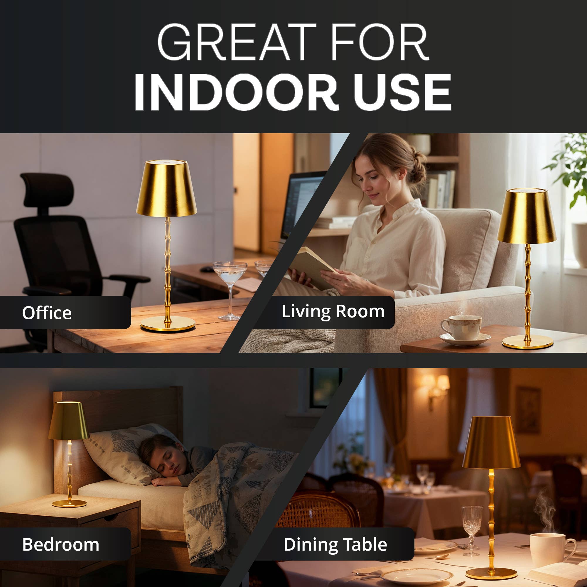 Gold table lamp shown in various indoor settings with text 'Great for Indoor Use'.