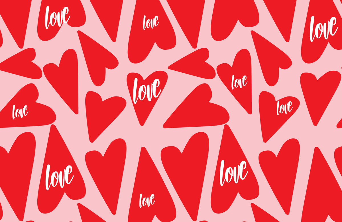 Pattern of red hearts with 'love' text on a pink background