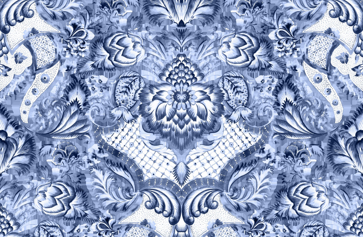 Blue floral and paisley pattern on a blue background