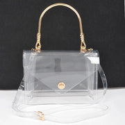 Transparent clear flap clutch with gold metal top handle and removable clear crossbody strap, gold ball button closure, front view on dark background