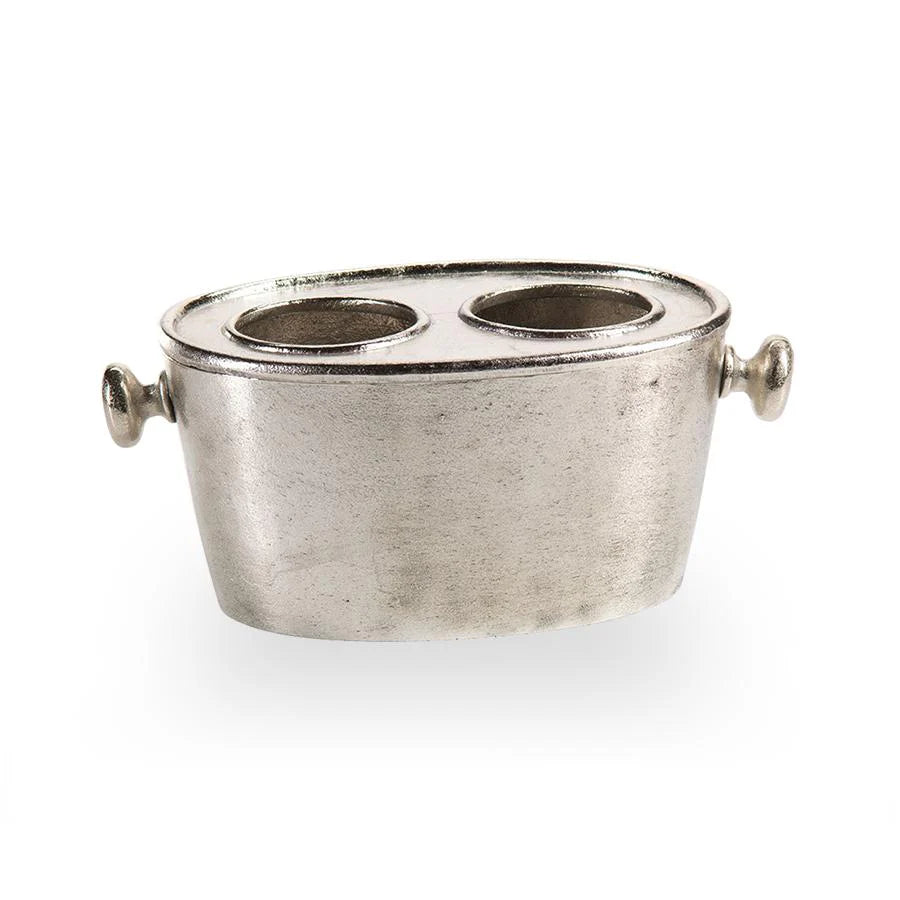 Silver metal container with two compartments on a white background